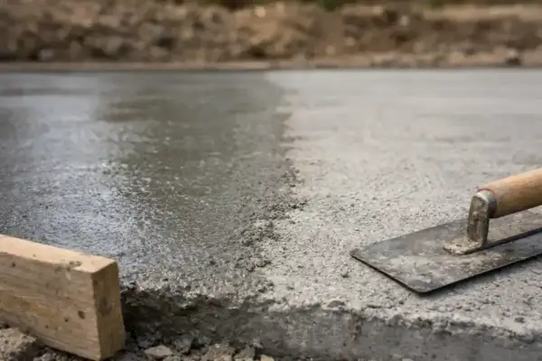 Świeży beton na budowie, obok kielnia i drewniany krawężnik. Materiały do budowy pieca, jak cegły szamotowe, czekają na użycie.