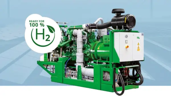 Zielony kogenerator gotowy na 100% wodór (H₂), zasilany czystą energią.