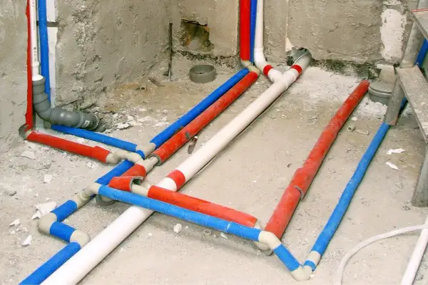 Skomplikowana instalacja wodna w domu, z rurami w kolorach czerwonym, niebieskim i białym, przygotowana do ukrycia pod tynkiem.