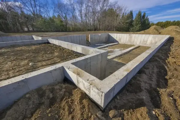 Fundament domu w budowie, pokazujący różne rodzaje betonu użyte do stworzenia solidnych fundamentów.