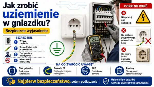 Instrukcja bezpiecznego zerowania gniazdka: wyłącz zasilanie, sprawdź przewód PE, zleć pomiary elektrykowi. Nie pracuj pod napięciem.
