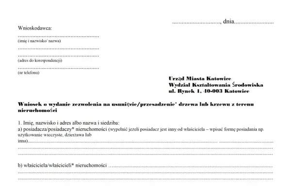 Wniosek o zezwolenie na wycinkę drzew na działce. Dokument zawiera dane wnioskodawcy i adresata (Urząd Miasta Katowice).