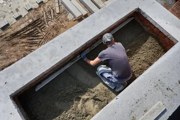 Budowlaniec wyrównuje masę, która będzie stanowiła jaki beton na fundament. Widać ceglane ściany i betonowe elementy konstrukcji.