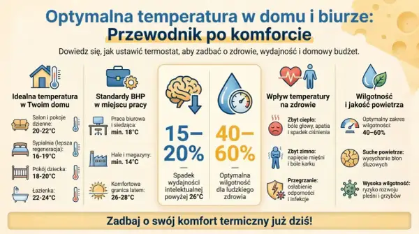 Infografika o optymalnej temperaturze i wilgotności w domu i biurze, z ikonami i danymi.