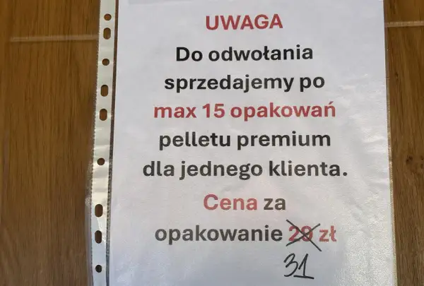 Uwaga: sprzedaż pelletu premium ograniczona do 15 opakowań na klienta. Cena za opakowanie 31 zł. Prognozowana cena pelletu 2026 może ulec zmianie.