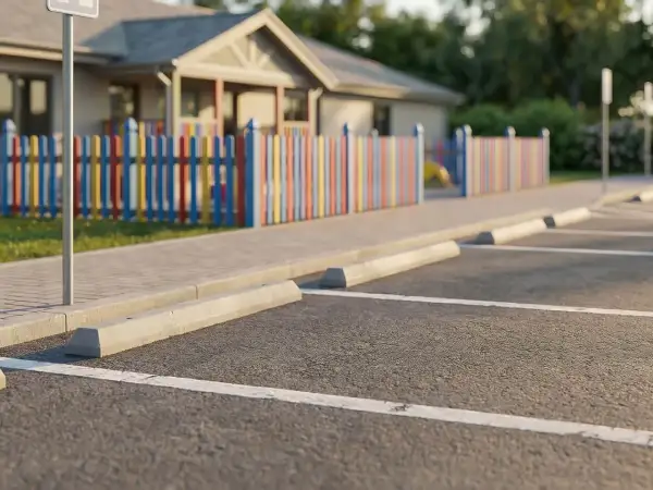 Parking spaces are visible, with concrete stops. W kolorowym ogrodzeniem i budynkiem w tle, widać odległość miejsc postojowych od granicy działki.