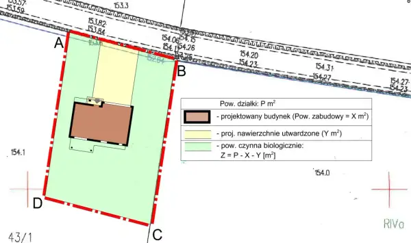 Plan działki z zaznaczonym projektowanym budynkiem i legendą. Wniosek o warunki zabudowy uwzględnia powierzchnię zabudowy.
