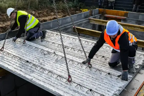 Dwóch budowlańców w kamizelkach odblaskowych przygotowuje strop filigran do montażu.
