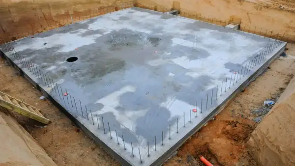 Gotowa płyta fundamentowa, zbrojenie wystające z betonu. Warto sprawdzić płyta fundamentowa koszt, by zaplanować budowę.