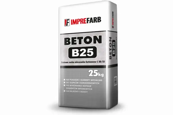 Worek z suchą mieszanką betonową B25 Imprefarb. Idealne proporcje betonu do budowy, napraw i elementów ogrodzeniowych. 25kg.