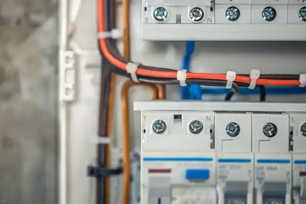 Szczegółowy widok instalacji elektrycznej w domu: kable, bezpieczniki i złączki w rozdzielnicy.