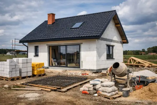 Budowa domu 80 m. Na placu budowy widać dom w stanie surowym, beton, bloczki, cement i betoniarkę.