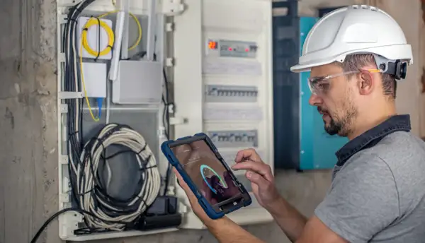 Technik w kasku i okularach ochronnych wykonuje przegląd instalacji elektrycznej, używając tabletu do monitorowania parametrów.